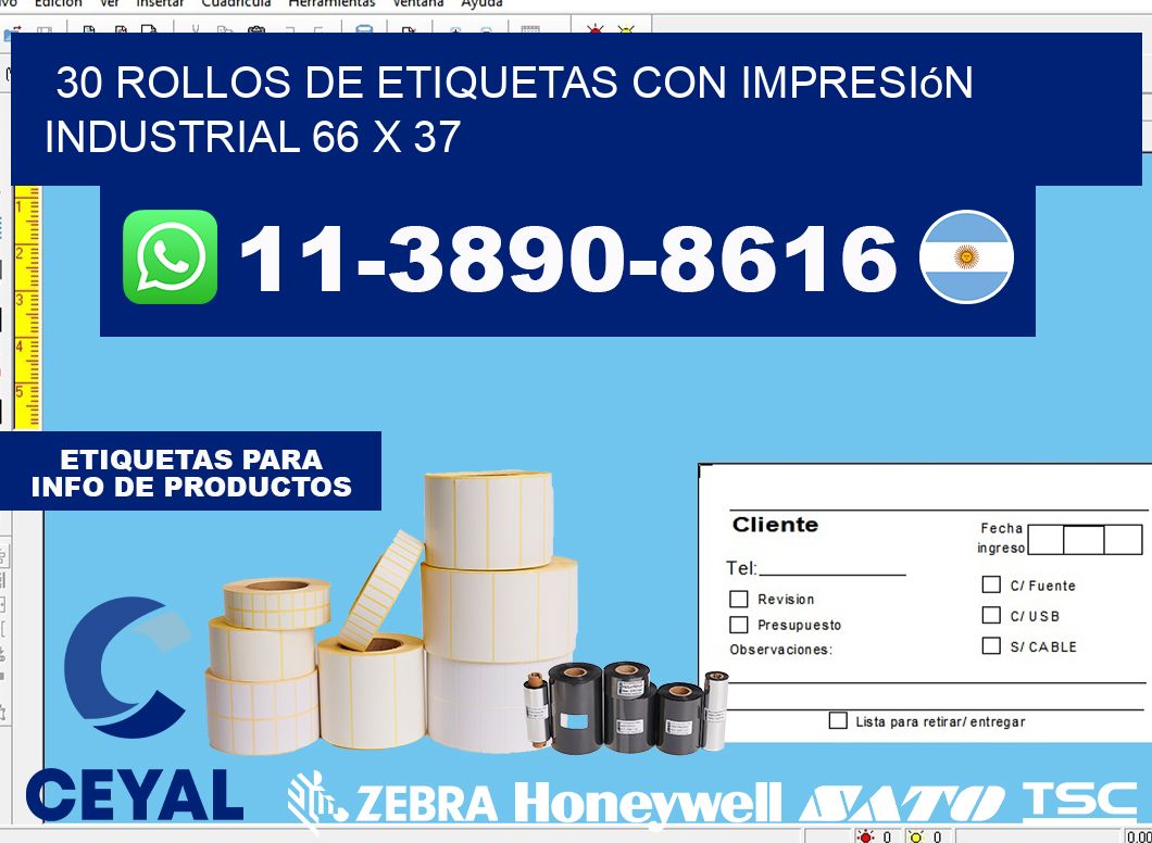 30 rollos de etiquetas con impresión industrial 66 x 37