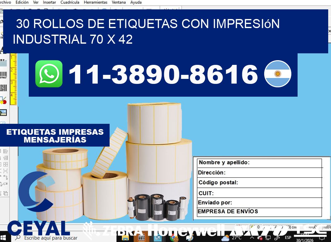 30 rollos de etiquetas con impresión industrial 70 x 42