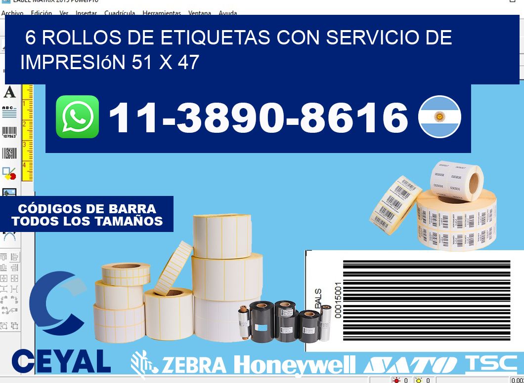 6 rollos de etiquetas con servicio de impresión 51 x 47