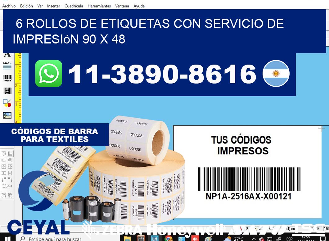 6 rollos de etiquetas con servicio de impresión 90 x 48