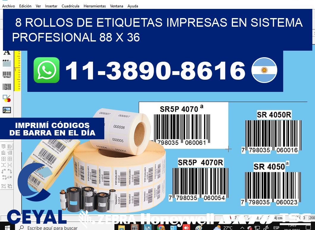 8 rollos de etiquetas impresas en sistema profesional 88 x 36