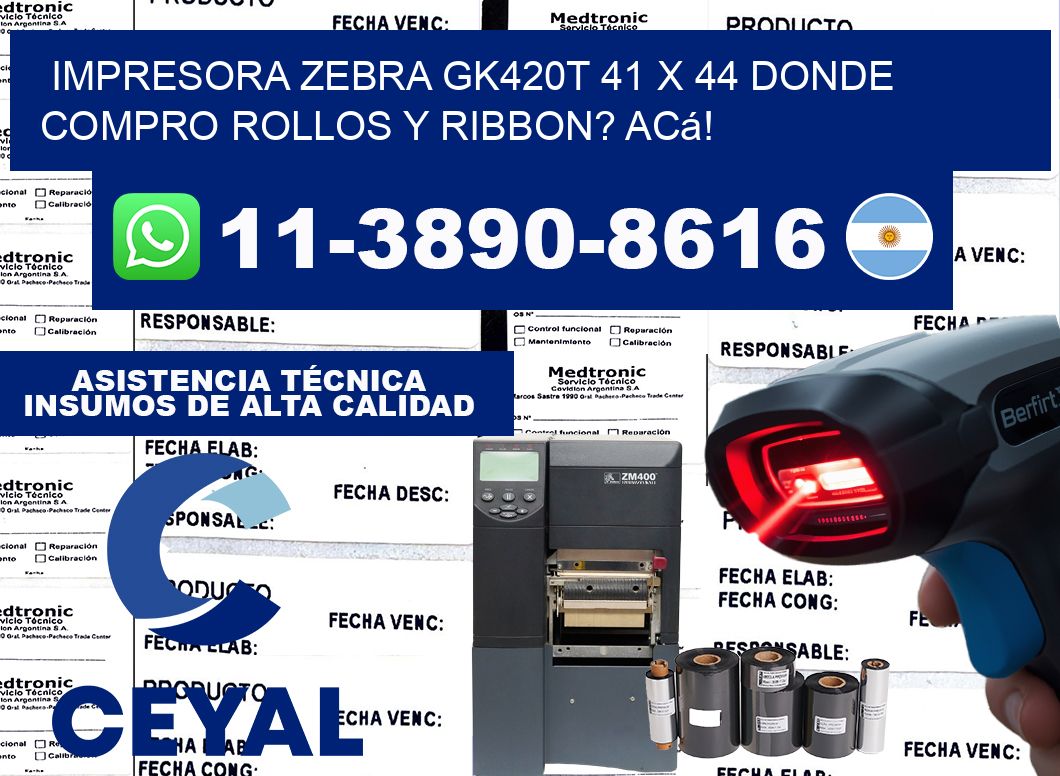 impresora zebra gk420t 41 x 44 Donde compro rollos y ribbon? Acá!